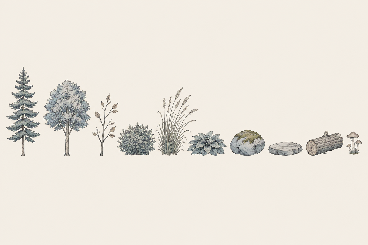 生图生成的场景物件:针叶树 / 阔叶树 / 小树苗 / 灌木 / 高草 / 低草 / 苔藓石 / 石板 / 木头 / 蘑菇